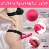 Strap U Thrusting Vibrating Rabbit Strap-On with Harness showcasing textured clitoral pad and rabbit vibrating feature.