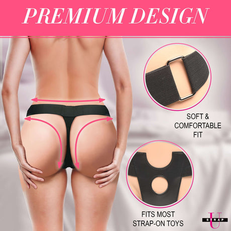 Strap U Thrusting Vibrating Rabbit Strap-On with Harness shown in a premium design, highlighting soft fit and compatibility.