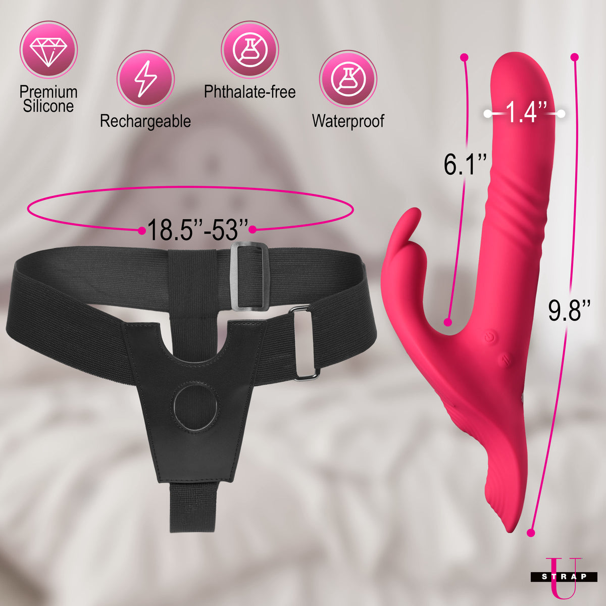 Strap U Thrusting Vibrating Rabbit Strap-On with Harness dimensions and features, showcasing premium silicone and waterproof design.