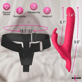 Strap U Thrusting Vibrating Rabbit Strap-On with Harness dimensions and features, showcasing premium silicone and waterproof design.