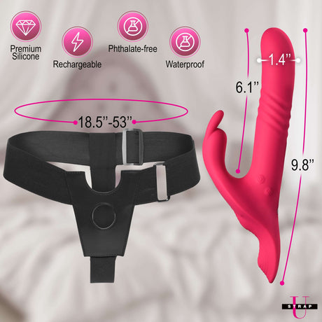 Strap U Thrusting Vibrating Rabbit Strap-On with Harness dimensions and features, showcasing premium silicone and waterproof design.
