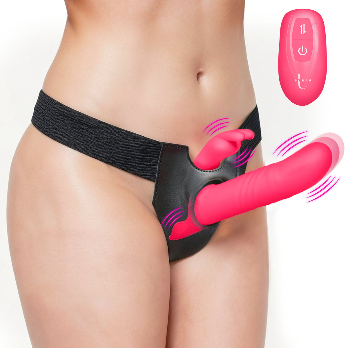Strap U Thrusting Vibrating Rabbit Strap-On with Harness displayed on model, highlighting its features and design.