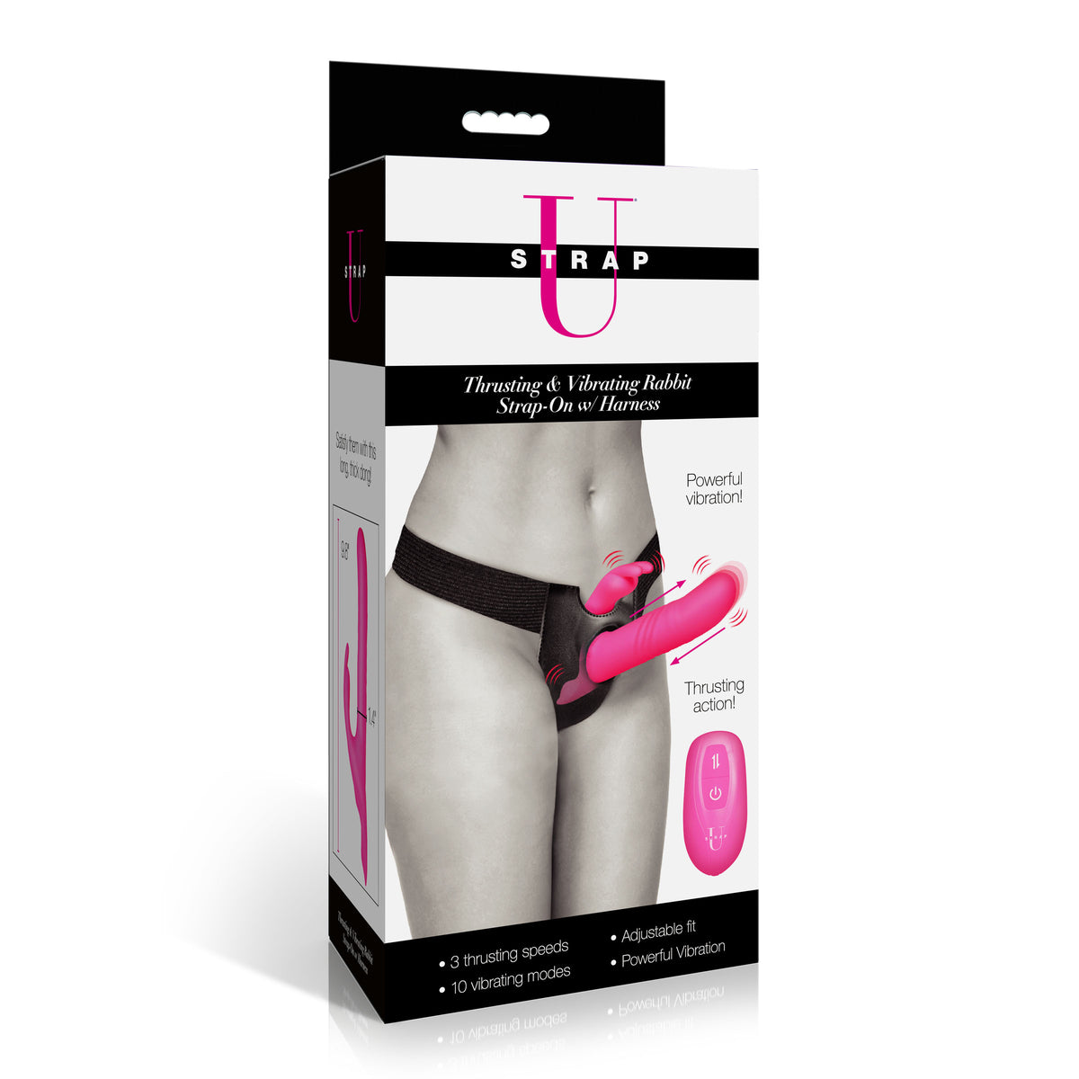 Strap U Thrusting Vibrating Rabbit Strap-On with Harness packaging showing features and vibrant design.