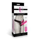 Strap U Thrusting Vibrating Rabbit Strap-On with Harness packaging showing features and vibrant design.