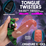Creature Cocks Tongue Twister Panty Vibe with Harness showing remote control and squishy textured tongue features.