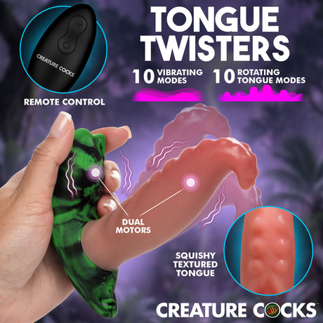 Creature Cocks Tongue Twister Panty Vibe with Harness showing remote control and squishy textured tongue features.