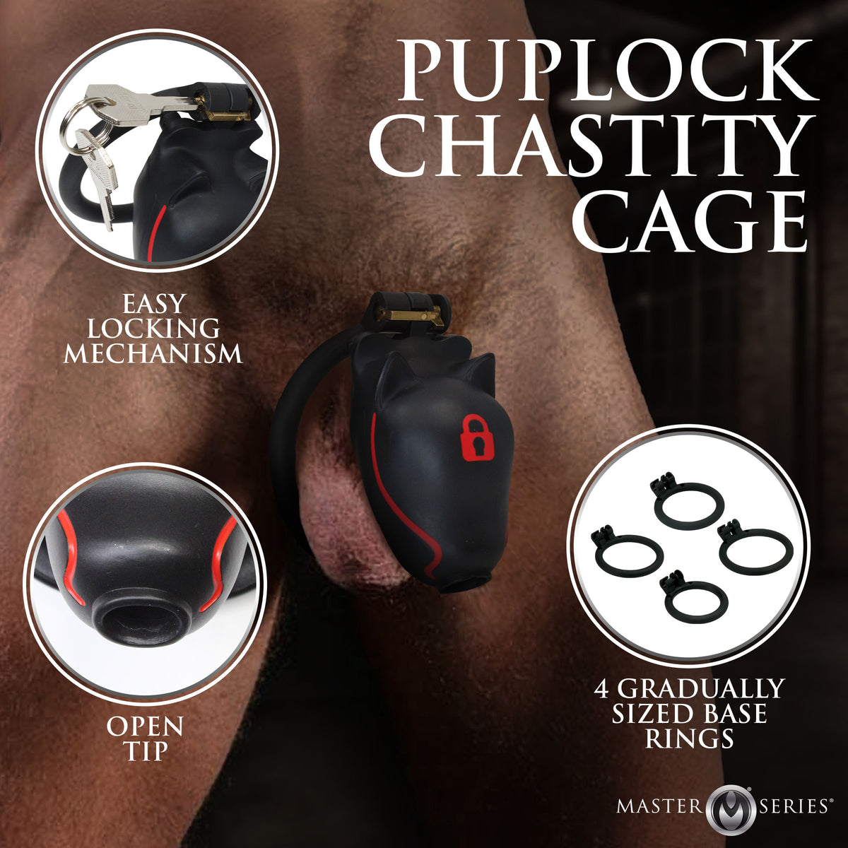Master Series Puplock Chastity Cage Black features easy locking mechanism and open tip design.