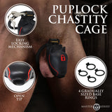 Master Series Puplock Chastity Cage Black features easy locking mechanism and open tip design.