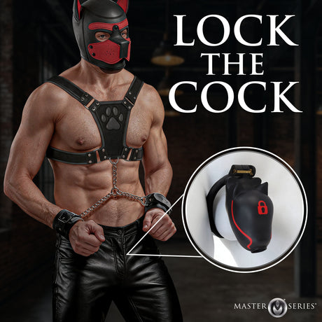 Master Series Puplock Chastity Cage Black showcased with pup play harness.