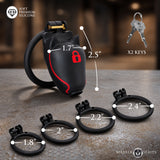 Master Series Puplock Chastity Cage Black with dimensions and two keys for male chastity enthusiasts.