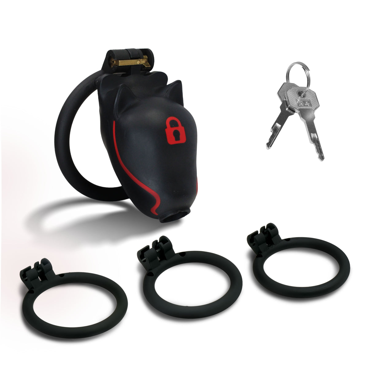 Master Series Puplock Chastity Cage Black with base rings and keys for secure pup play.