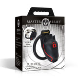 Master Series Puplock Chastity Cage Black packaging with lock and keys included.