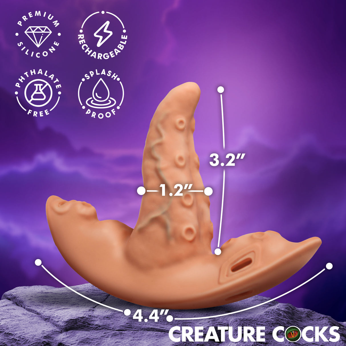 Creature Cocks Tenta Kiss Panty Vibe Harness displayed with size dimensions on a mystical background.