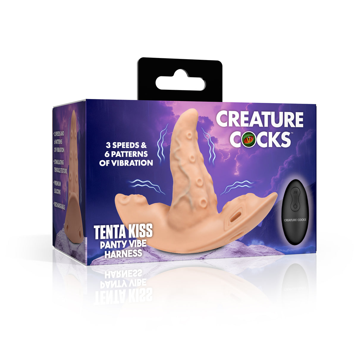 Creature Cocks Tenta Kiss Panty Vibe Harness packaging showcasing a lifelike design and multiple vibration settings.