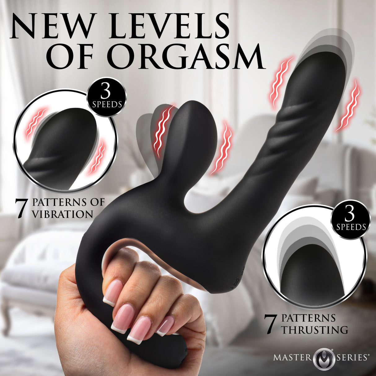 Master Series Thrust Pounder Thrusting Silicone Vibrator showcasing 3 speeds and 7 patterns of vibration and thrusting.