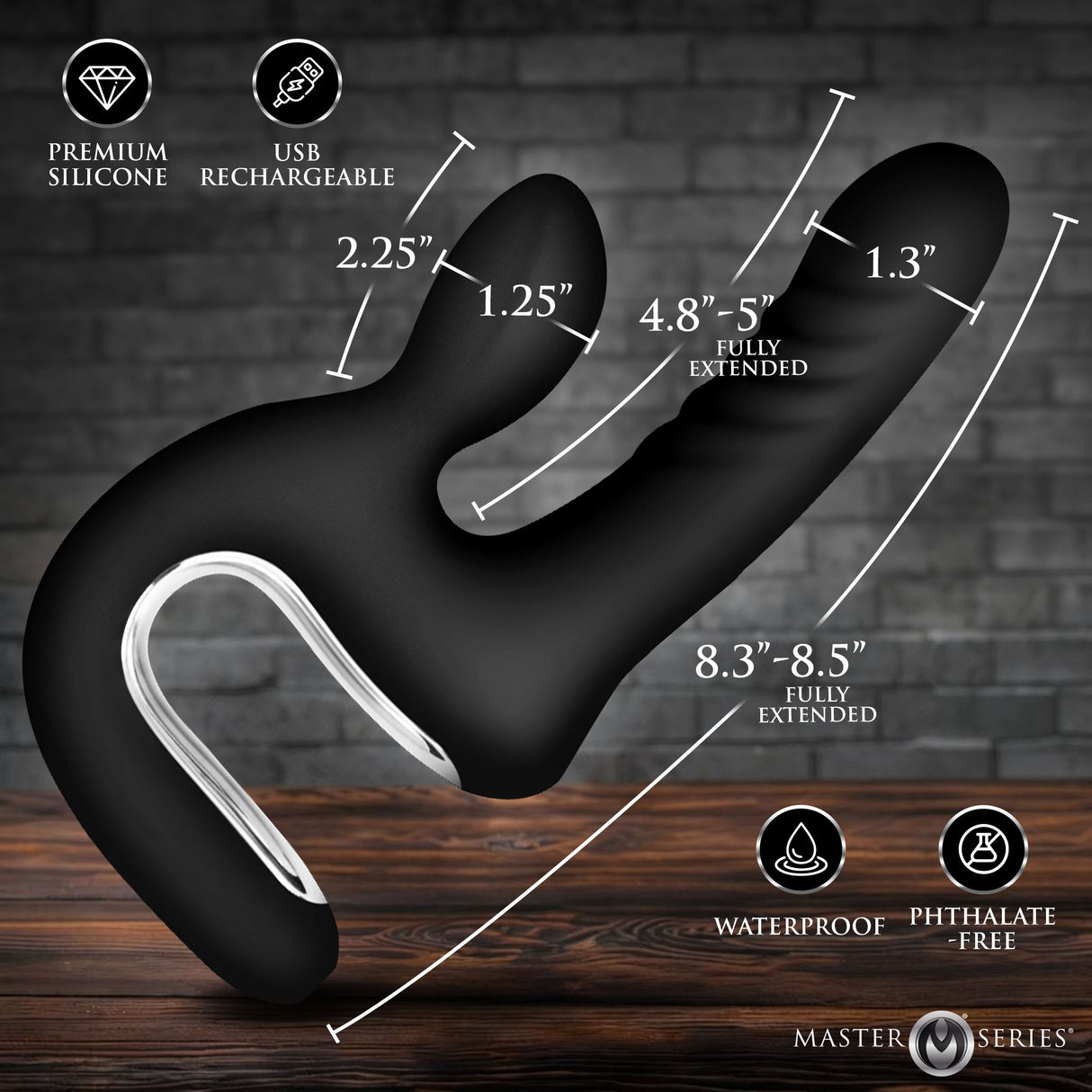 Master Series Thrust Pounder Thrusting Silicone Vibrator dimensions and features on a wooden surface.