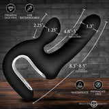 Master Series Thrust Pounder Thrusting Silicone Vibrator dimensions and features on a wooden surface.