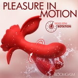 Bloomgasm Gyrarose Gyrating Silicone Vibrator showcasing pleasure in motion with a textured rose clit stimulator and gyrating shaft.