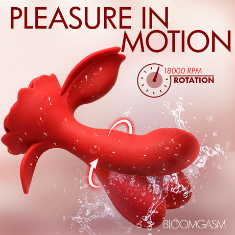 Bloomgasm Gyrarose Gyrating Silicone Vibrator showcasing pleasure in motion with a textured rose clit stimulator and gyrating shaft.