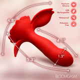 Bloomgasm Gyrarose Gyrating Silicone Vibrator showcasing dimensions, waterproof design, and premium silicone material.