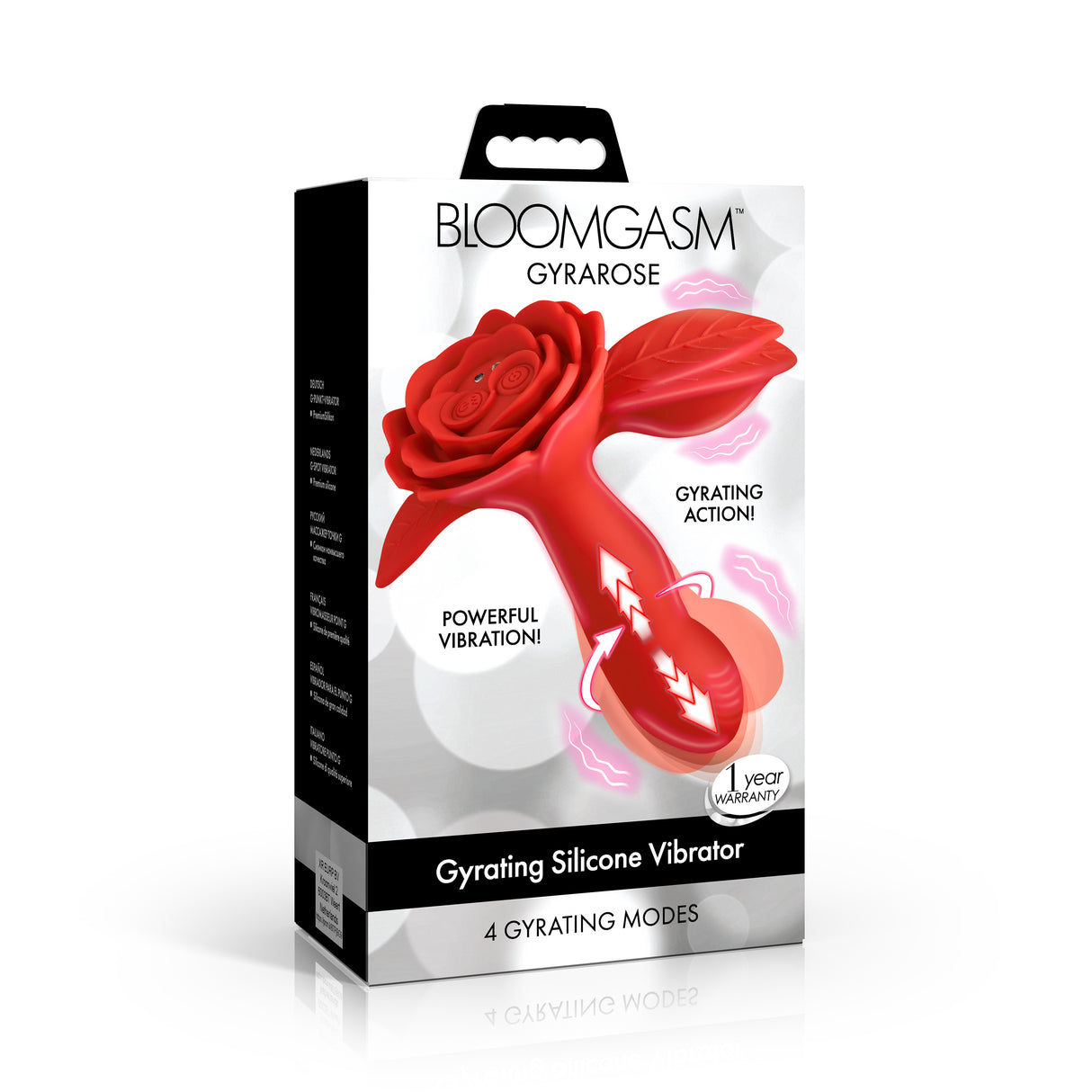 Bloomgasm Gyrarose Gyrating Silicone Vibrator packaging featuring a red rose design and details of its features.