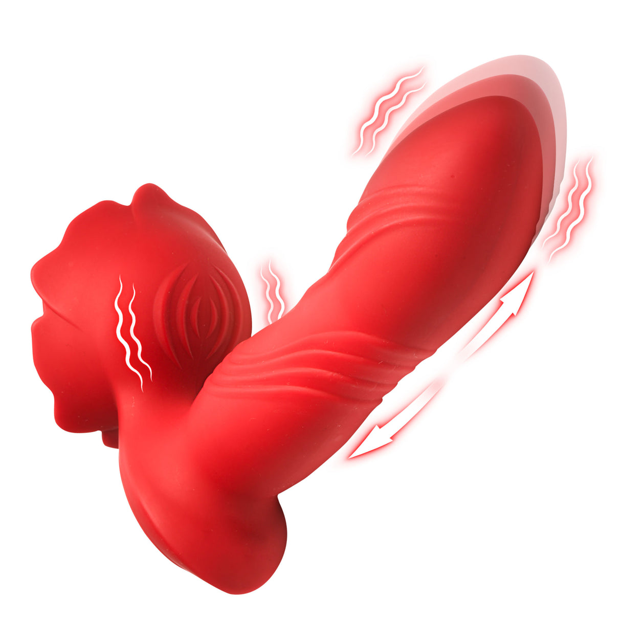 Bloomgasm Rose Thrust Thrusting Silicone Vibrator showcasing its thrusting shaft and textured clit stimulator.