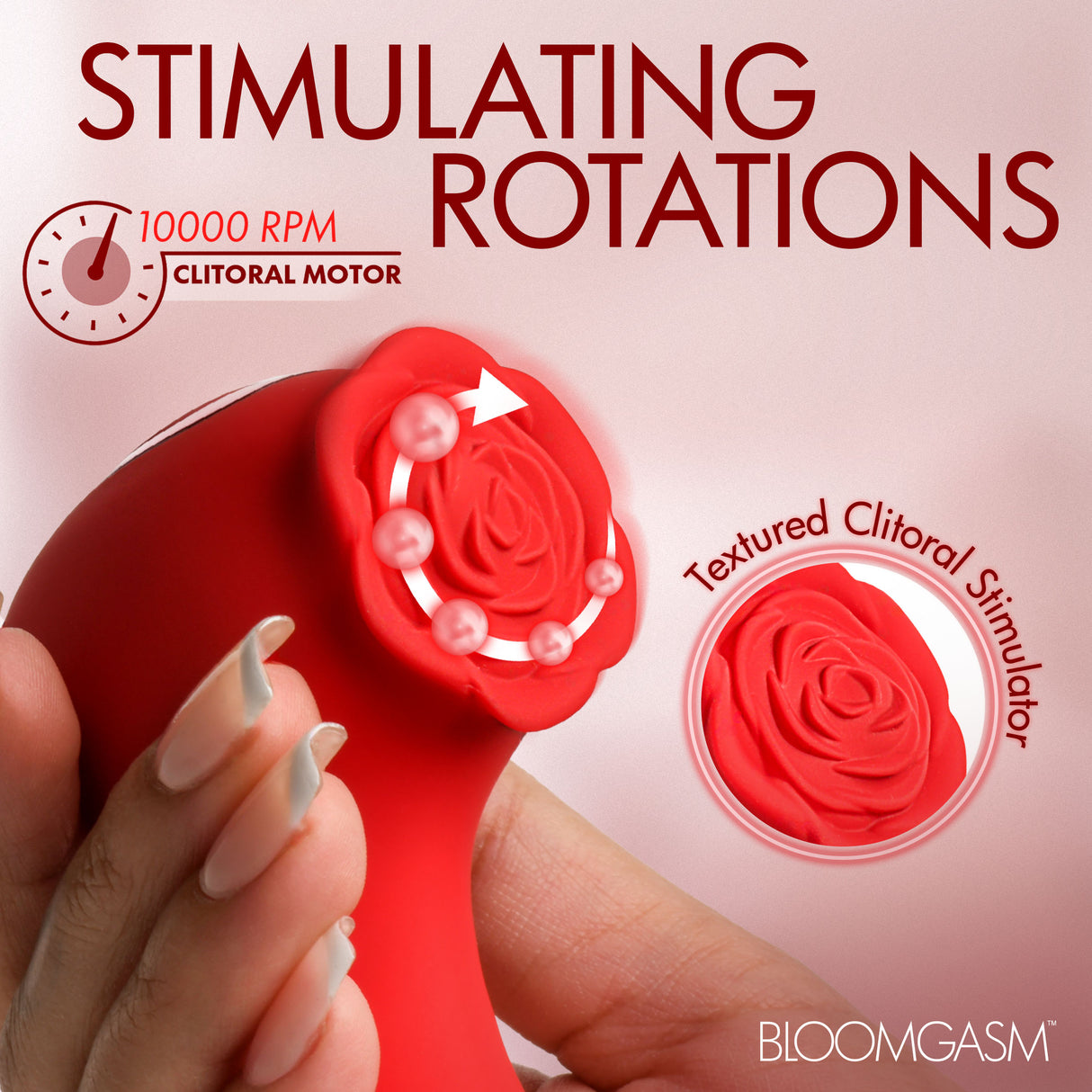 Bloomgasm Caress Rotating Bead Silicone Vibrator with textured rose petal clitoral stimulator and 10,000 RPM motor.