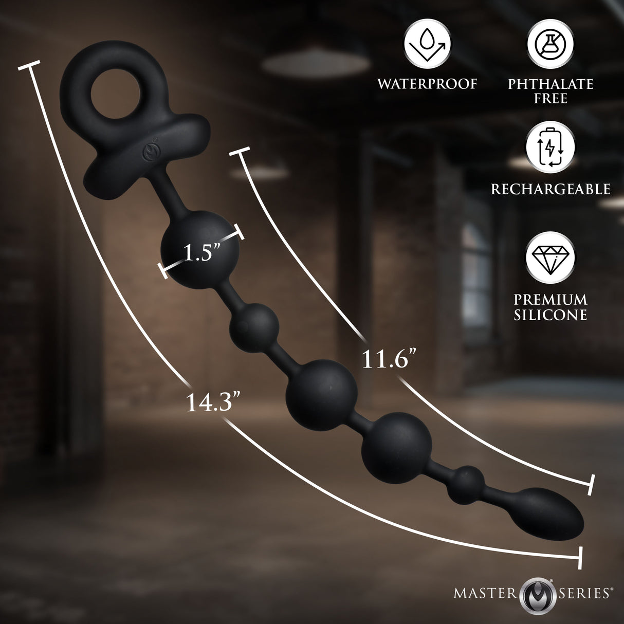 Master Series Balls Deep Vibrating Silicone Anal Beads with 11.6 inches length and 1.5 inches widest point.