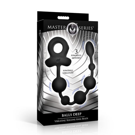 Master Series Balls Deep Vibrating Silicone Anal Beads packaging featuring 3 powerful motors for enhanced vibration.