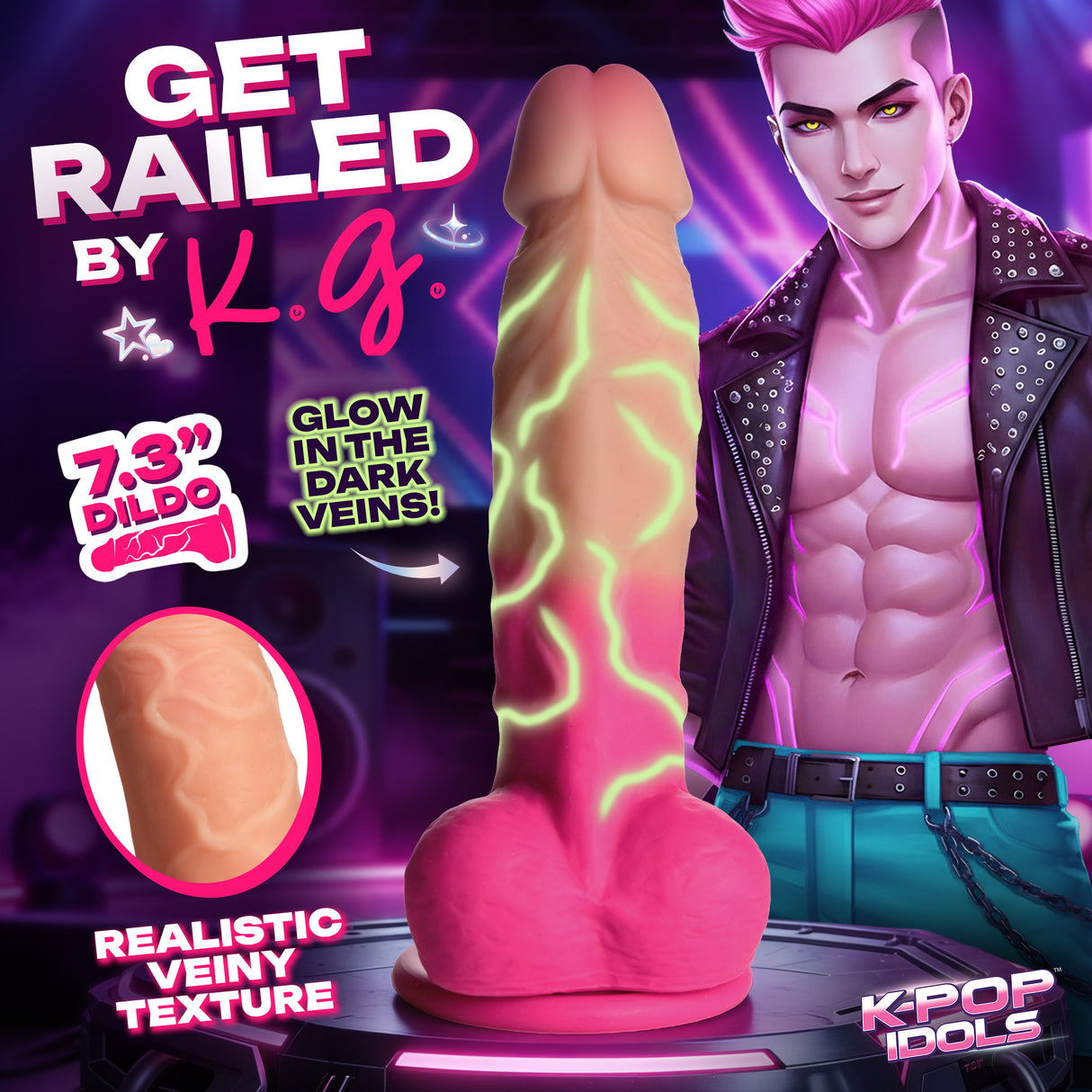 K-Pop Idols KG Silicone Dildo with Balls showcasing glow-in-the-dark veins and realistic texture for enhanced pleasure.