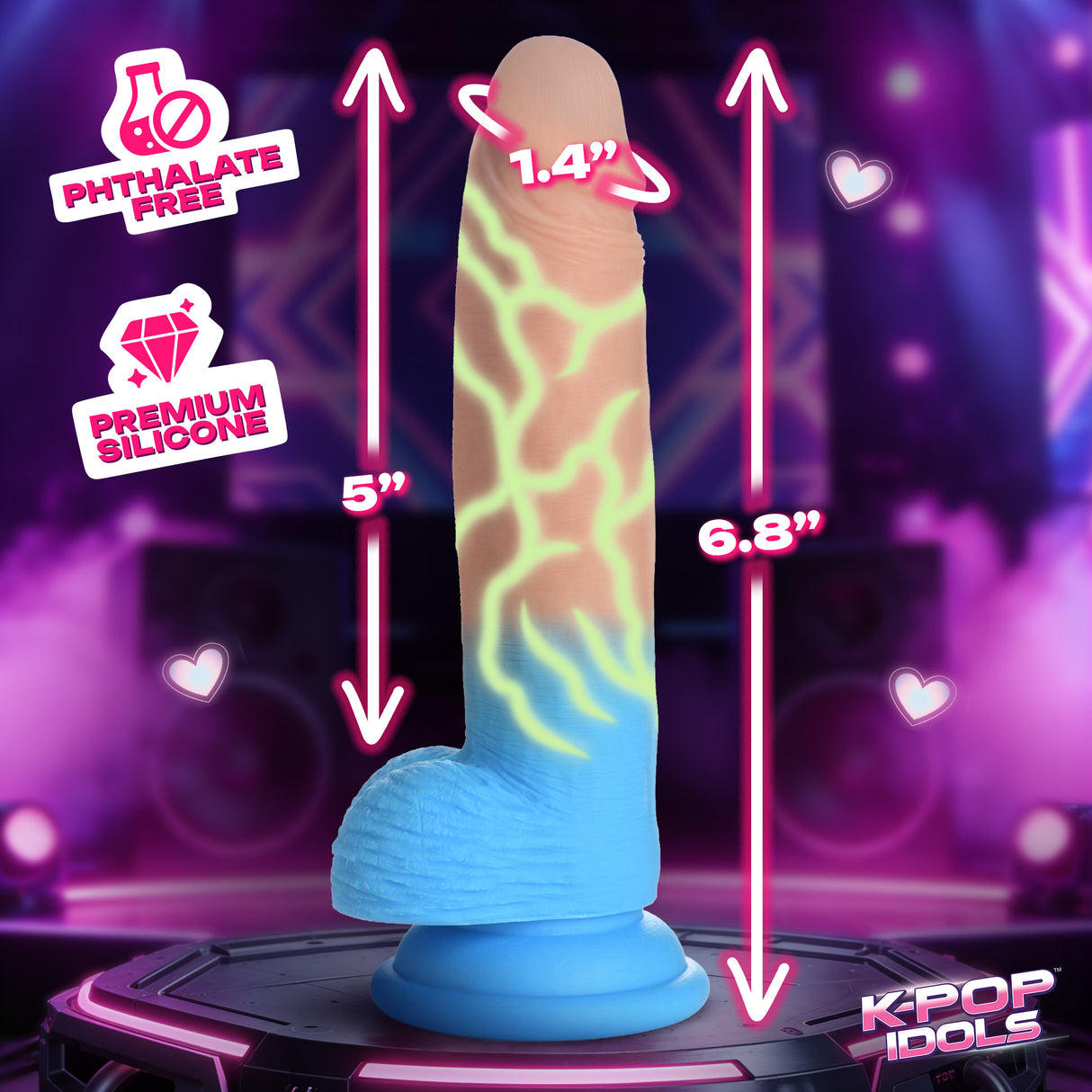 K-Pop Idols Rion Silicone Dildo with Balls showcasing premium silicone and dimensions on a colorful background.