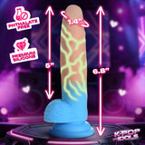 K-Pop Idols Rion Silicone Dildo with Balls showcasing premium silicone and dimensions on a colorful background.