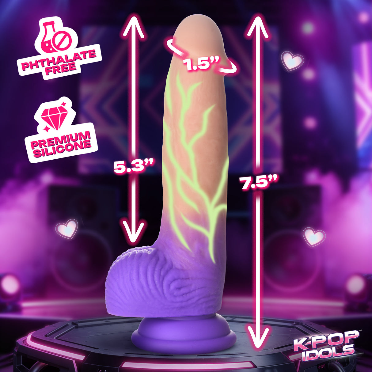 K-Pop Dildos Aren Silicone Dildo with Balls showcasing vibrant glow-in-the-dark features and premium silicone design.
