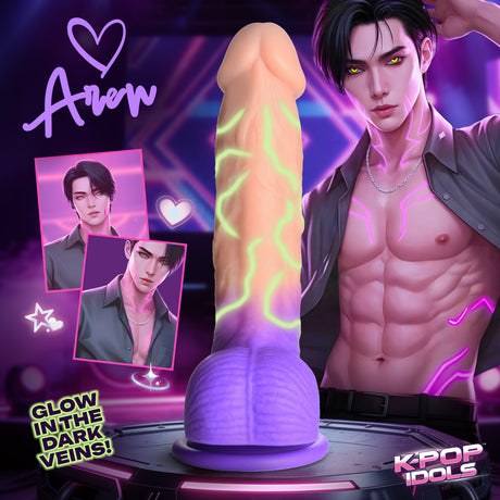 K-Pop Dildos Aren Silicone Dildo with Balls features glow-in-the-dark veins and a realistic design in Galaxy Purple.