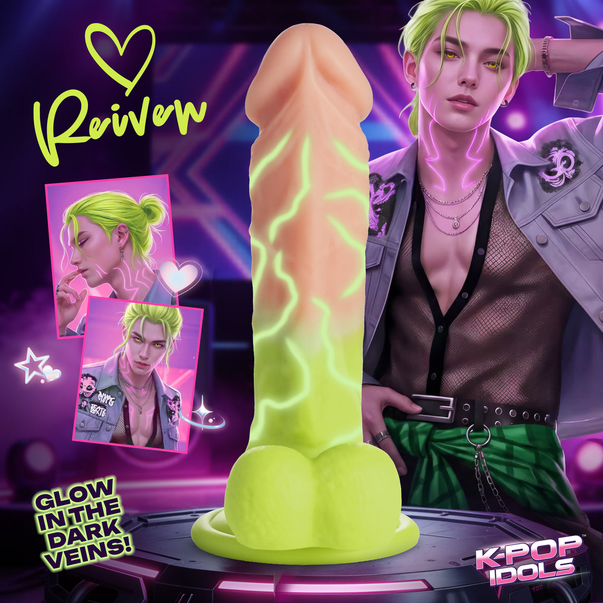 K-Pop Idols Reiven Silicone Dildo with Balls in Venom Green. Glow-in-the-dark veins and realistic details for playful experiences.