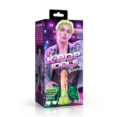 K-Pop Idols Reiven Silicone Dildo with Balls packaging featuring glowing veins and vibrant design.
