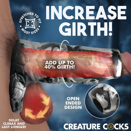 Creature Cocks Night Prowler Silicone Penis Enhancer showing features to increase girth and delay climax.