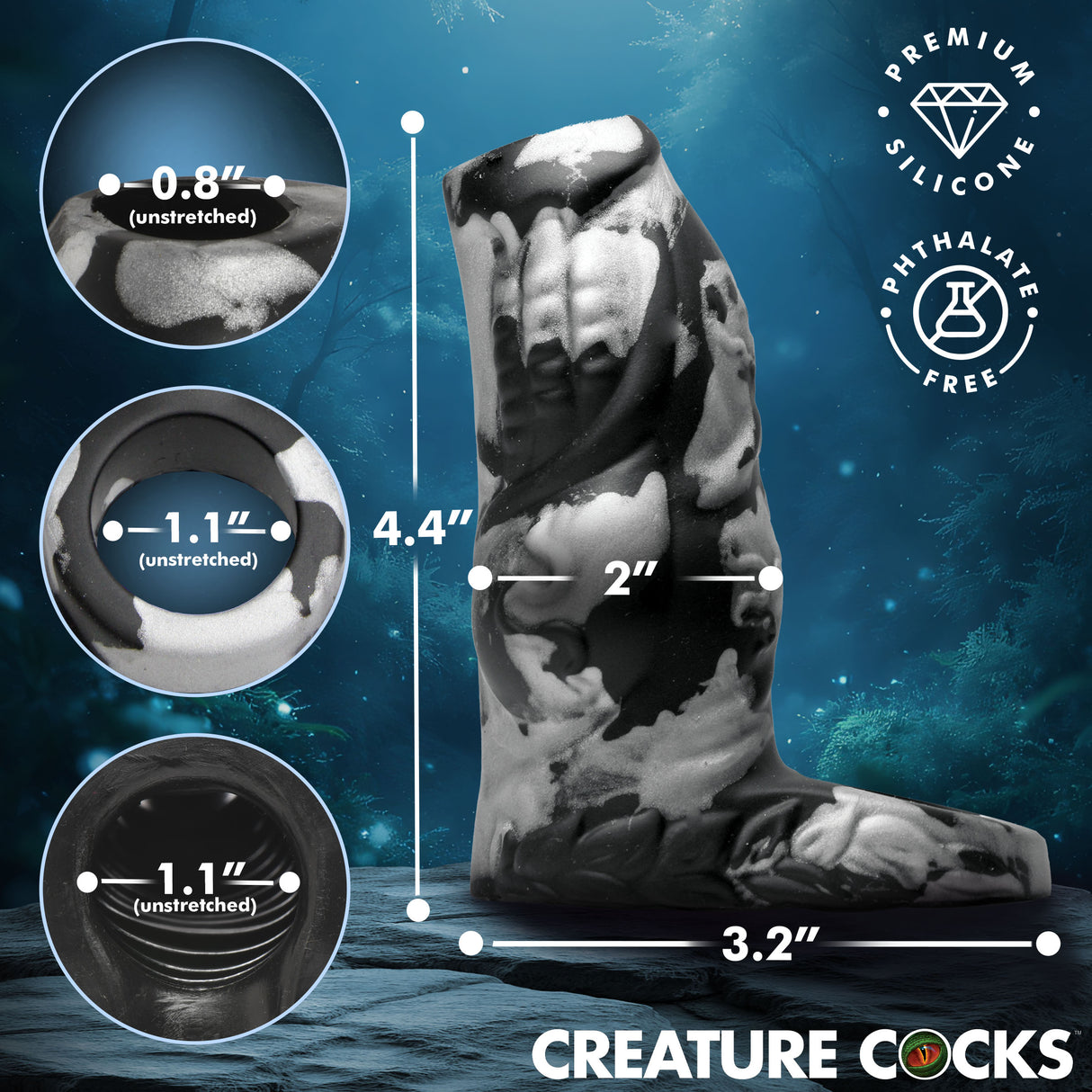 Creature Cocks Night Prowler Silicone Penis Enhancer showcasing its dimensions and design in premium silicone.