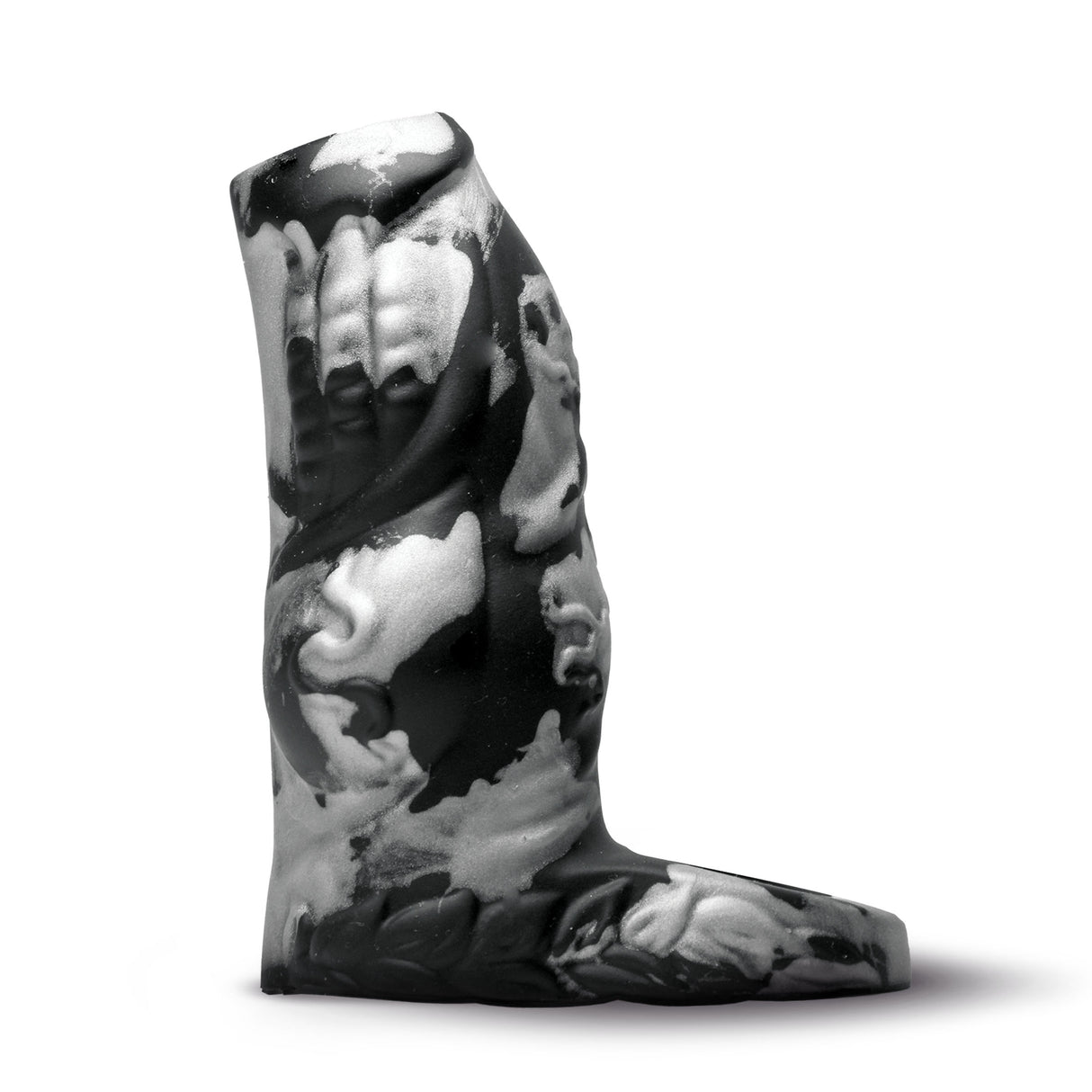 Creature Cocks Night Prowler Silicone Penis Enhancer in a black and white design, showcasing ribbed details and added girth.