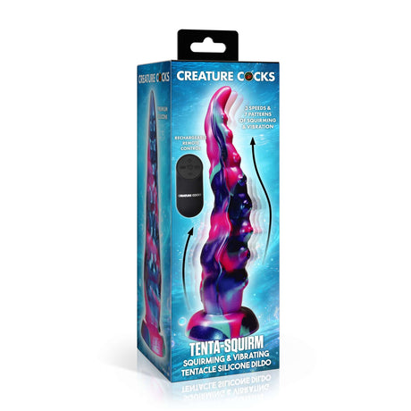 Tenta-Squirm Squirming & Vibrating Tentacle Silicone Dildo in packaging with remote control and features highlighted.
