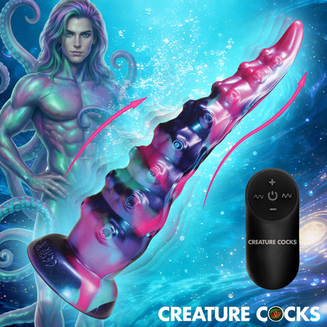 Tenta-Squirm Squirming & Vibrating Tentacle Silicone Dildo with remote and vibrant colors in an ocean setting.