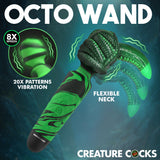 Octo Wand Silicone Vibrating Wand With Attachment showing green design, flexible neck, 8 speeds, and 20 patterns of vibration.