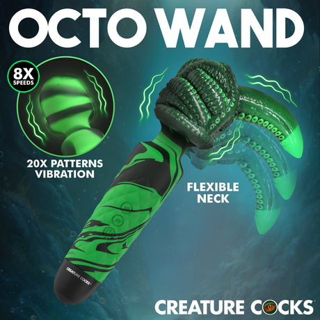 Octo Wand Silicone Vibrating Wand With Attachment showing green design, flexible neck, 8 speeds, and 20 patterns of vibration.