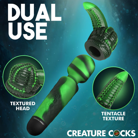 Octo Wand Silicone Vibrating Wand With Attachment showcasing dual-use textured head and tentacle attachment.