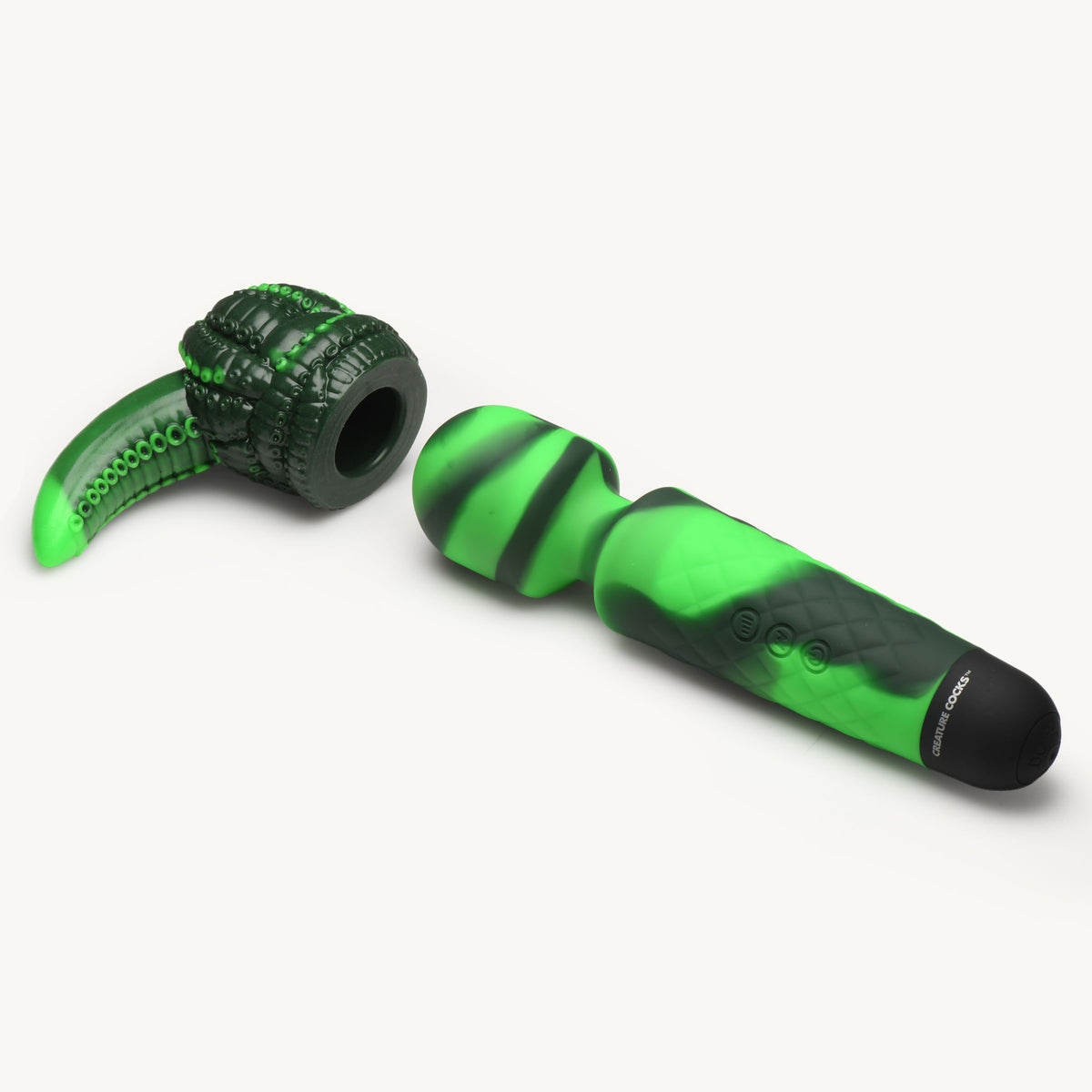 Octo Wand Silicone Vibrating Wand With Attachment showcased in vibrant green with textured attachments.