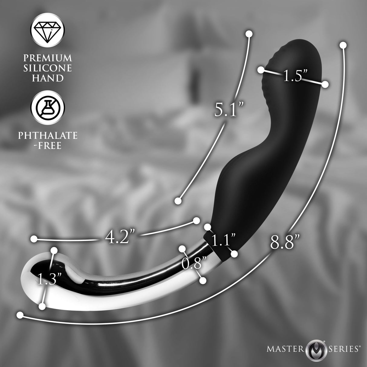 Master Series Dual Desire Dual-Ended Silicone & Metal Dildo with dimensions and features highlighted.