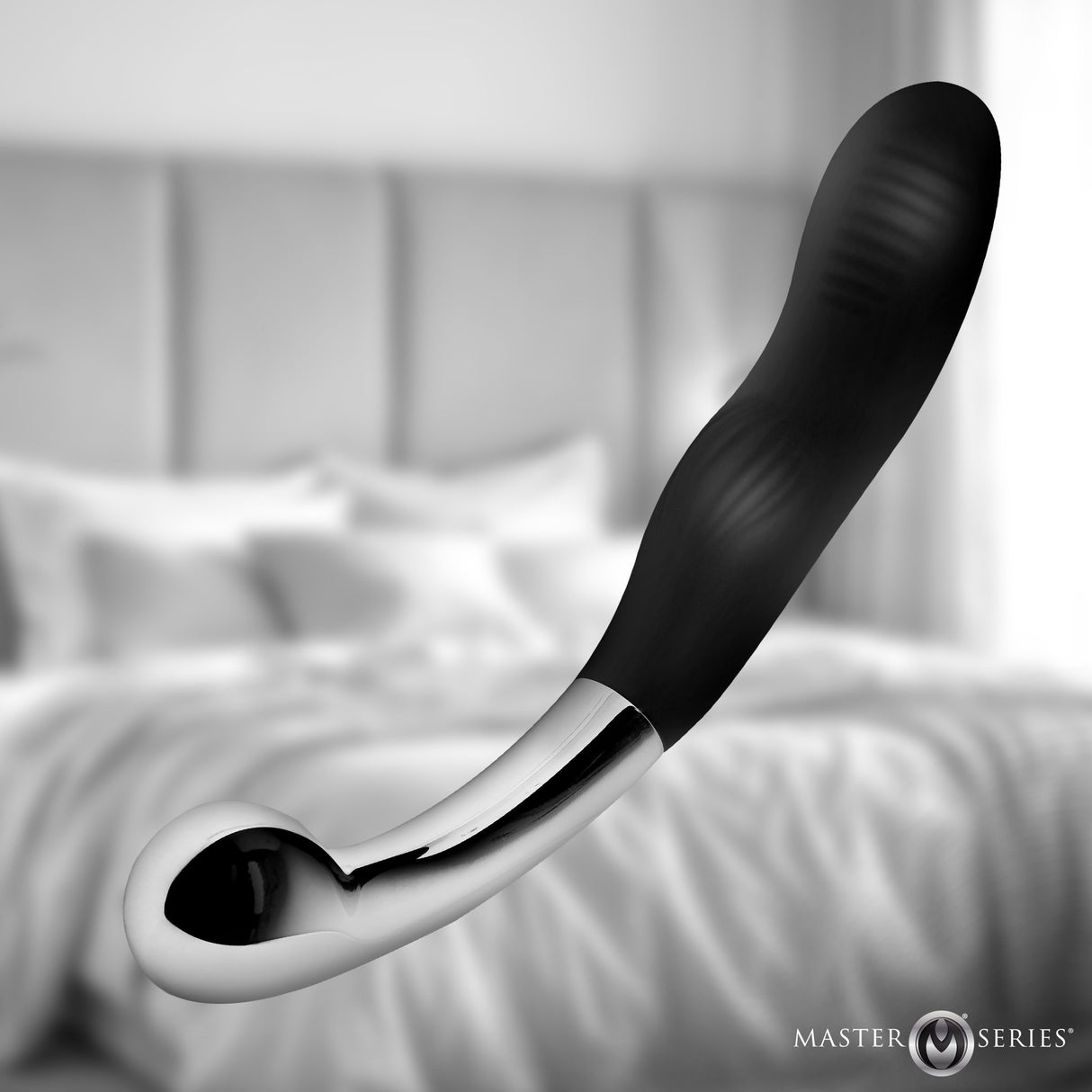 Master Series Dual Desire Dual-Ended Silicone & Metal Dildo showcasing its textured silicone and sleek metal design.