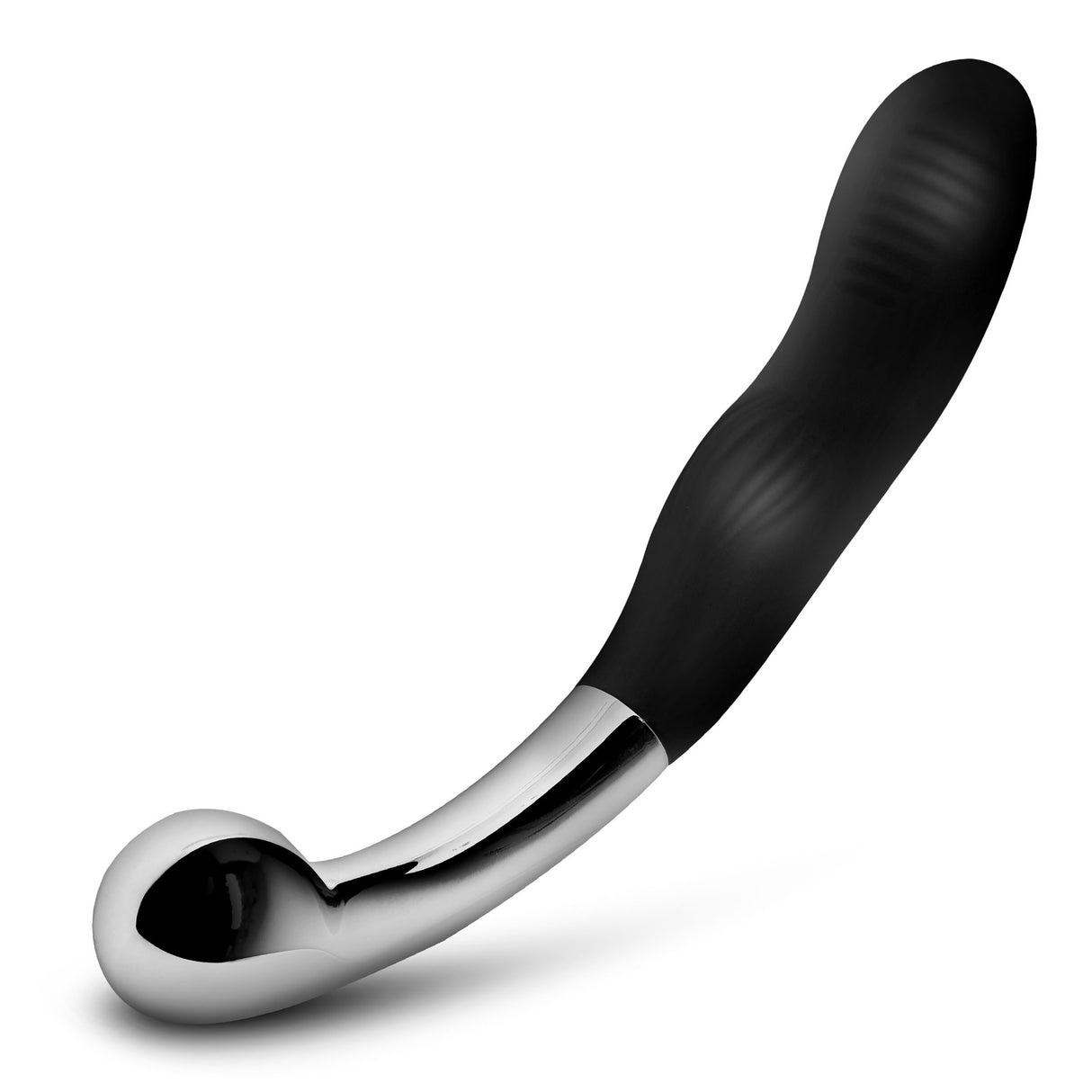 Master Series Dual Desire Dual-Ended Silicone & Metal Dildo with a textured silicone shaft and shiny metal end.