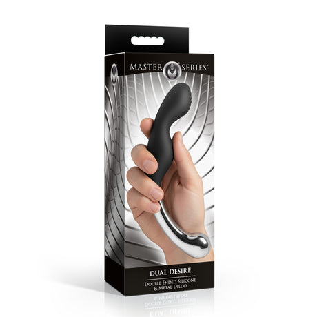 Packaging of Master Series Dual Desire Dual-Ended Silicone & Metal Dildo with sleek design and user-friendly features.