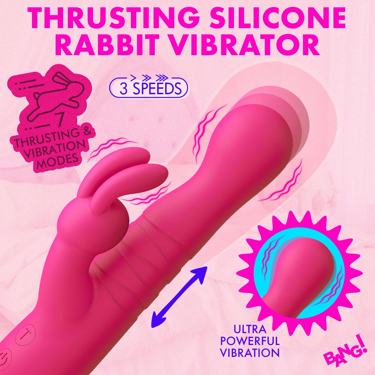 Thrusting Silicone Rabbit Vibrator Pink with multiple speeds and powerful vibration features.